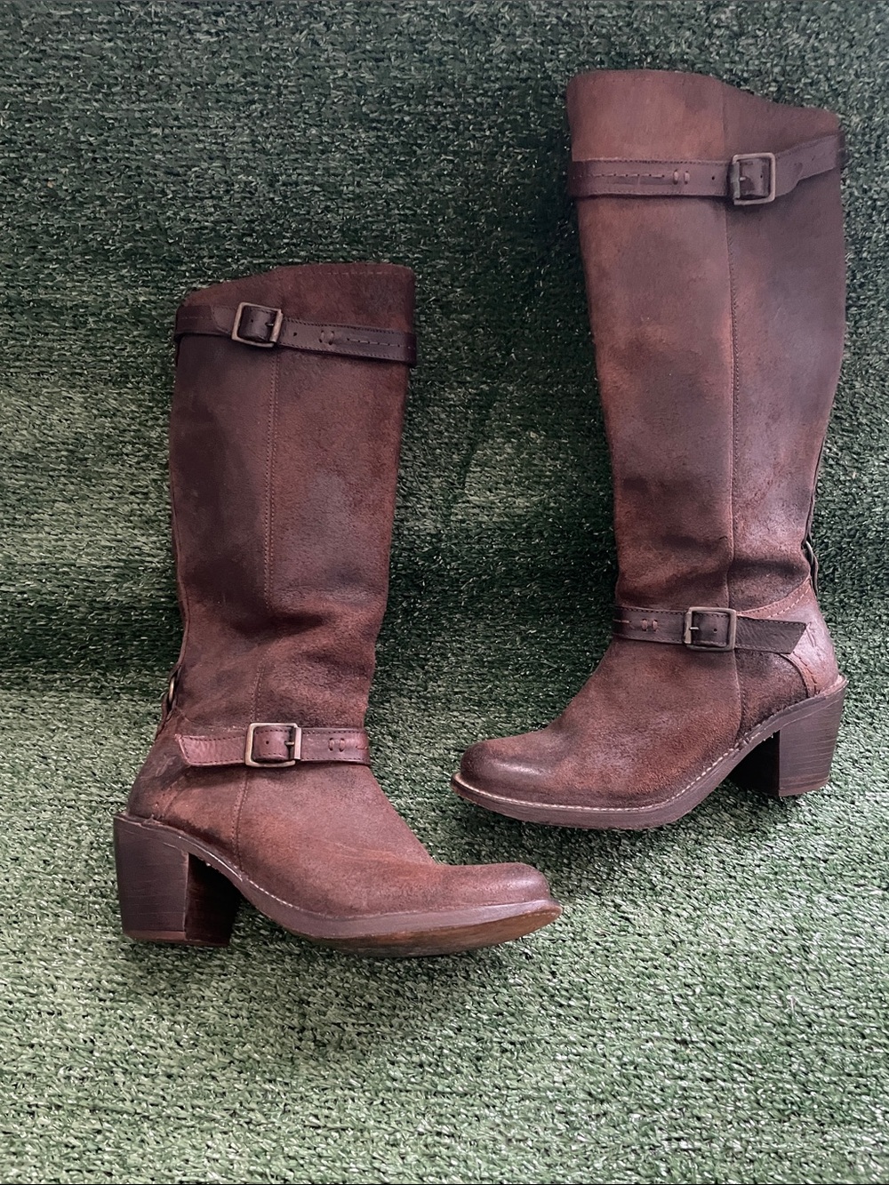 FRYE Carmen Buckle Western Boots Women’s 8 Brown Distressed Rough-Out Leather